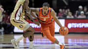 Feb 15, 2025; Tallahassee, Florida, USA; Clemson Tigers guard Dillon Hunter (2) drives up the court against Florida State Seminoles forward Jamir Watkins (1) during the second half at Donald L. Tucker Center. Mandatory Credit: Melina Myers-Imagn Images