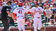 Sep 17, 2025; St. Louis, Missouri, USA; St. Louis Cardinals first baseman Alec Burleson (41) is congratulated at home plate by St. Louis Cardinals third baseman Nolan Arenado (28) after he hit a home run against the Cincinnati Reds in the first inning at Busch Stadium. Mandatory Credit: Tim Vizer-Imagn Images