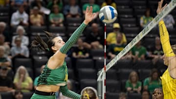 Oregon middle blocker Iva Šucurovic hits during an Oregon volleyball scrimmage at Matthew Knight Arena on Aug. 8, 2025, in Eugene, Oregon.