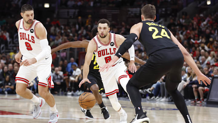 Nov 6, 2023; Chicago, Illinois, USA; Chicago Bulls guard Zach LaVine (8)drives to the basket against Utah Jazz center Walker Kessler (24) during the second half at United Center. Mandatory Credit: Kamil Krzaczynski-Imagn Images