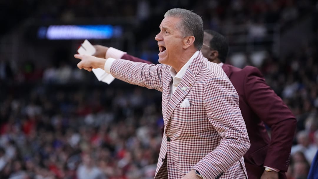 Mar 22, 2025; Providence, RI, USA; Arkansas Razorbacks head coach John Calipari during the first half of a second round men’s NCAA Tournament game against the St. John's Red Storm at Amica Mutual Pavilion. Mandatory Credit: Gregory Fisher-Imagn Images