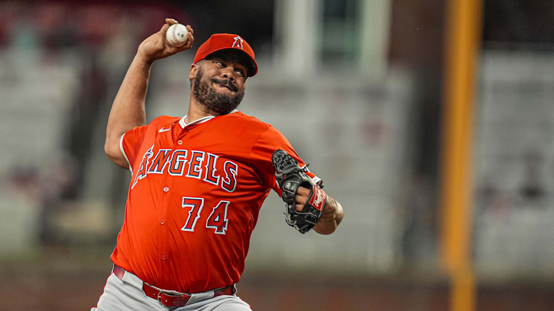 Angels relief pitcher Kenley Jansen (74) pitches against the Atlanta Braves during the ninth inning at Truist Park on July 1.