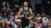 Nov 1, 2024; Charlotte, North Carolina, USA; Boston Celtics forward Jayson Tatum (0) during the second half against the Charlotte Hornets at the Spectrum Center. Mandatory Credit: Jim Dedmon-Imagn Images
