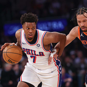 Mar 12, 2024; New York, New York, USA; Philadelphia 76ers guard Kyle Lowry (7) dribbles against New York Knicks guard Jalen Brunson (11) during the first quarter at Madison Square Garden. Mandatory Credit: Vincent Carchietta-USA TODAY Sports