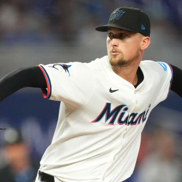 Jun 17, 2024; Miami, Florida, USA;  Miami Marlins starting pitcher Braxton Garrett (29) pitches against the St. Louis Cardinals in the first inning at loanDepot Park.