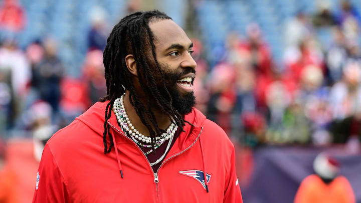 Dec 17, 2023; Foxborough, Massachusetts, USA; New England Patriots linebacker Matthew Judon (9) greets fans before a game against the Kansas City Chiefs at Gillette Stadium. Mandatory Credit: Eric Canha-USA TODAY Sports