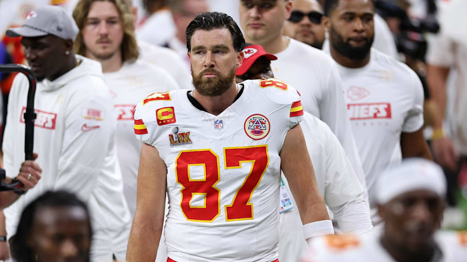 Kansas City Chiefs tight end Travis Kelce (87) looks on before Super Bowl LIX between the Philadelphia Eagles and the Kansas City Chiefs at Caesars Superdome. | Bill Streicher-Imagn Images
