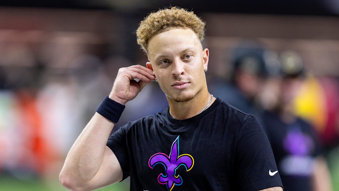 Oct 13, 2024; New Orleans, Louisiana, USA;  New Orleans Saints quarterback Spencer Rattler (18) during warmups before the game against the Tampa Bay Buccaneers at Caesars Superdome. Mandatory Credit: Stephen Lew-Imagn Images