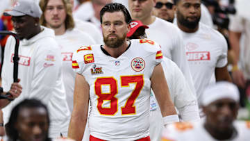 Kansas City Chiefs tight end Travis Kelce looks on before Super Bowl LIX between the Philadelphia Eagles and the Kansas City Chiefs at Caesars Superdome. 