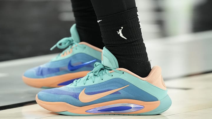 Sep 18, 2025; Las Vegas, Nevada, USA; Detailed view of Las Vegas Aces center A'ja Wilson (22) wears a pair of her signature Nike shoes during the third quarter against the Seattle Storm during game three of round one for the 2025 WNBA Playoffs at Michelob Ultra Arena. Mandatory Credit: Candice Ward-Imagn Images