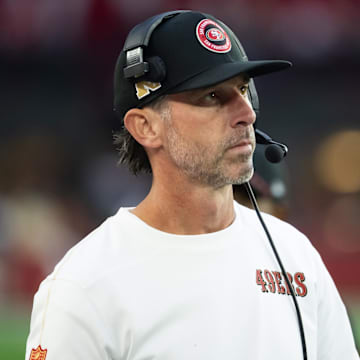 Jan 5, 2025; Glendale, Arizona, USA; San Francisco 49ers head coach Kyle Shanahan against the Arizona Cardinals at State Farm Stadium. Mandatory Credit: Mark J. Rebilas-Imagn Images