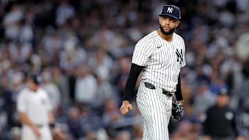 Oct 8, 2025; Bronx, New York, USA; New York Yankees pitcher Devin Williams (38) reacts after giving up a two run RBI during the seventh inning during game four of the ALDS round for the 2025 MLB playoffs at Yankee Stadium. Mandatory Credit: Brad Penner-Imagn Images