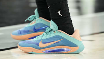 Las Vegas Aces center A'ja Wilson wears the Nike A'One EYBL "Peach Jam" colorway.