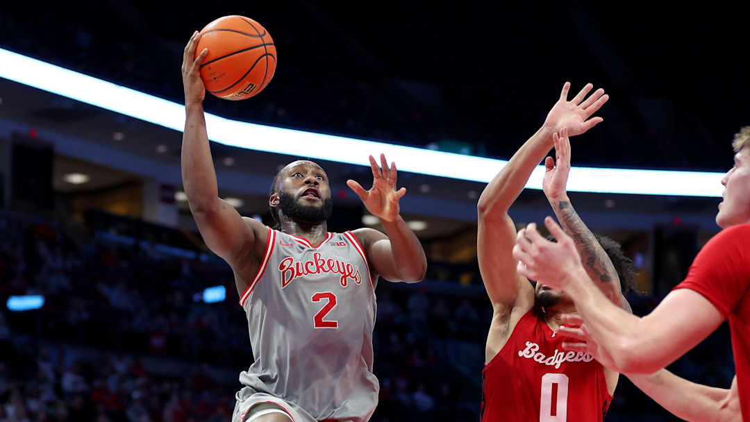 Feb 17, 2026; Columbus, Ohio, USA;  Ohio State Buckeyes guard Bruce Thornton (2) drives to the basket as Wisconsin Badgers guard Braeden Carrington (0) defends during the second half at Value City Arena. Mandatory Credit: Joseph Maiorana-Imagn Images