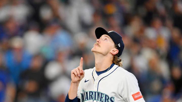 Oct 17, 2025; Seattle, Washington, USA; Seattle Mariners pitcher Bryce Miller (50) reacts after being pulled from the game against the Toronto Blue Jays during the fifth inning during game five of the ALCS round for the 2025 MLB playoffs at T-Mobile Park. Mandatory Credit: Steven Bisig-Imagn Images