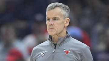 Chicago Bulls head coach Billy Donovan stands on the court in the first quarter against the Cleveland Cavaliers.