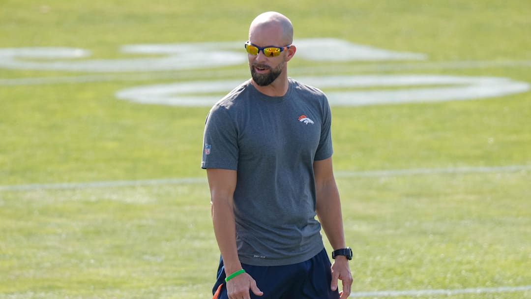 Jul 28, 2021; Englewood, CO, United States; Denver Broncos wide receivers coach Zach Azzanni during training camp at UCHealth Training Complex. Mandatory Credit: Isaiah J. Downing-Imagn Images