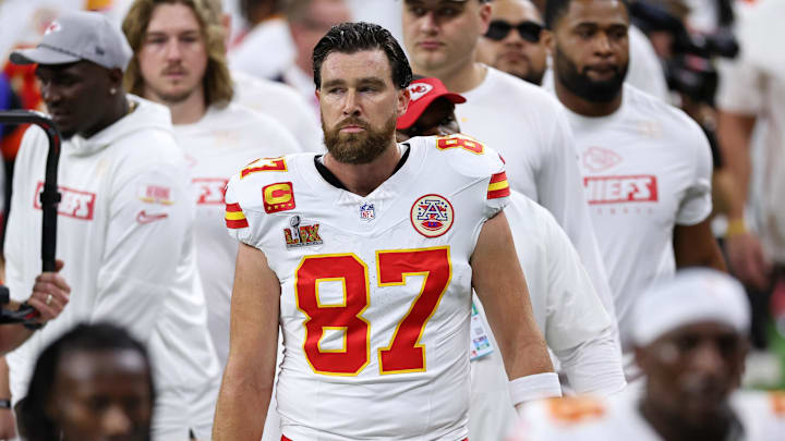Kansas City Chiefs tight end Travis Kelce at Super Bowl LIX on Feb 9, 2025.