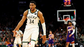 Mar 24, 2025; Phoenix, Arizona, USA; Milwaukee Bucks forward Giannis Antetokounmpo (34) reacts after a play during the second quarter against the Phoenix Suns at Footprint Center. Mandatory Credit: Mark J. Rebilas-Imagn Images