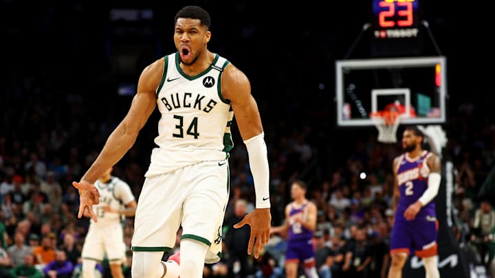 Mar 24, 2025; Phoenix, Arizona, USA; Milwaukee Bucks forward Giannis Antetokounmpo (34) reacts after a play during the second quarter against the Phoenix Suns at Footprint Center. Mandatory Credit: Mark J. Rebilas-Imagn Images