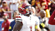 Sep 7, 2025; Landover, Maryland, USA; Washington Commanders wide receiver Deebo Samuel (1) reacts after a touchdown during the third quarter against the New York Giants at Northwest Stadium. Mandatory Credit: Amber Searls-Imagn Images