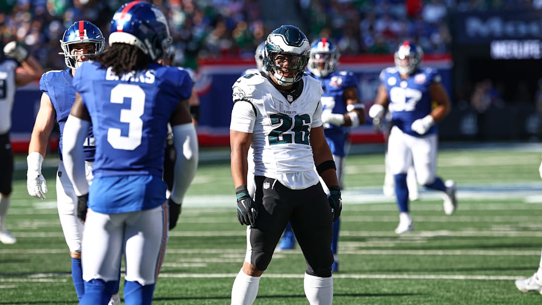 Oct 20, 2024; East Rutherford, New Jersey, USA; Philadelphia Eagles running back Saquon Barkley (26) reacts after a long run during the second half against the New York Giants at MetLife Stadium. Mandatory Credit: Vincent Carchietta-Imagn Images