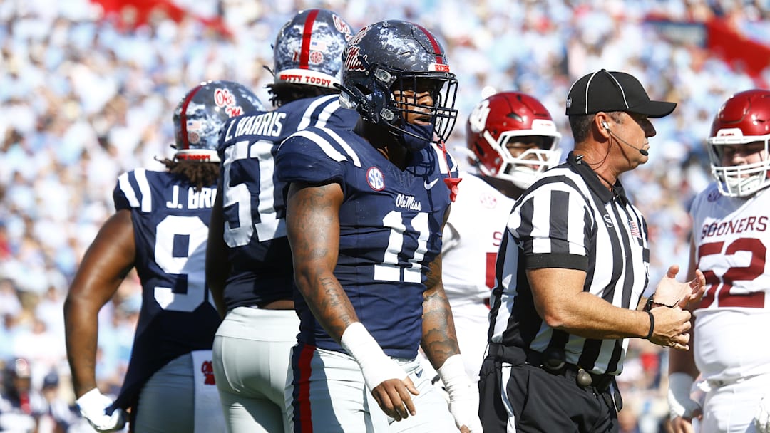 Oct 26, 2024; Oxford, Mississippi, USA; Mississippi Rebels linebacker Chris Paul Jr. (11) waits for the snap during the first half against the Oklahoma Sooners at Vaught-Hemingway Stadium. Mandatory Credit: Petre Thomas-Imagn Images