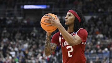 Mar 20, 2025; Providence, RI, USA;  Arkansas Razorbacks guard Boogie Fland (2) controls the ball during the second half against the Kansas Jayhawks at Amica Mutual Pavilion. Mandatory Credit: Eric Canha-Imagn Images