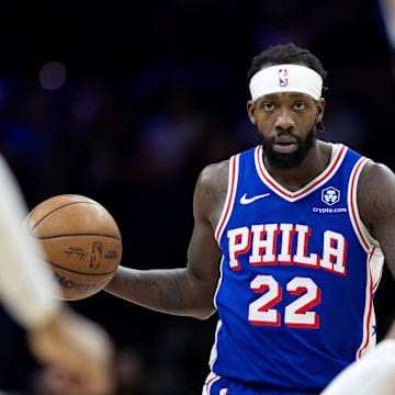 Feb 5, 2024; Philadelphia, Pennsylvania, USA; Philadelphia 76ers guard Patrick Beverley (22) dribbles the ball against the Dallas Mavericks during the fourth quarter at Wells Fargo Center. Mandatory Credit: Bill Streicher-Imagn Images