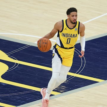 Jun 19, 2025; Indianapolis, Indiana, USA; Indiana Pacers guard Tyrese Haliburton (0) dribbles the ball against the Oklahoma City Thunder in the second quarter during game six of the 2025 NBA Finals at Gainbridge Fieldhouse. Mandatory Credit: Trevor Ruszkowski-Imagn Images