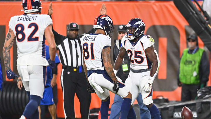 Oct 21, 2021; Cleveland, Ohio, USA; Denver Broncos running back Melvin Gordon (25) celebrates with