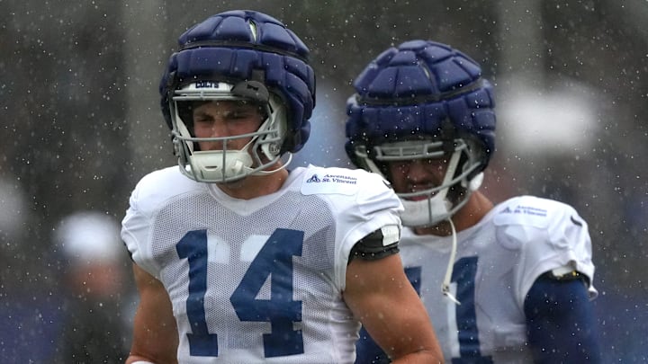 Indianapolis Colts wide receiver Alec Pierce (14) warms up during a joint practice with the Arizona Cardinals on Thursday, Aug. 15, 2024, at Grand Park Sports Complex in Westfield.