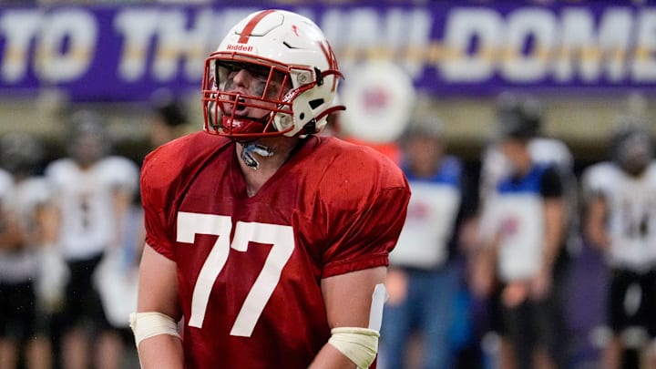 West Hancock Gavin Wunder (77) celebrates after his team’s touchdown stood during the Iowa high school Class A championship against Tri-Center Thursday, Nov. 21, 2024 at the UNI-Dome in Cedar Falls, Iowa.