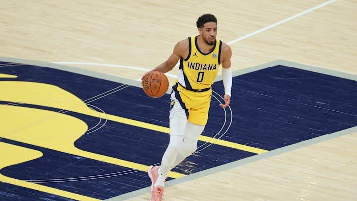 Jun 19, 2025; Indianapolis, Indiana, USA; Indiana Pacers guard Tyrese Haliburton (0) dribbles the ball against the Oklahoma City Thunder in the second quarter during game six of the 2025 NBA Finals at Gainbridge Fieldhouse. Mandatory Credit: Trevor Ruszkowski-Imagn Images Jun 19, 2025; Indianapolis, Indiana, USA; Indiana Pacers guard Tyrese Haliburton (0) dribbles the ball against the Oklahoma City Thunder in the second quarter during game six of the 2025 NBA Finals at Gainbridge Fieldhouse. Mandatory Credit: Trevor Ruszkowski-Imagn Images