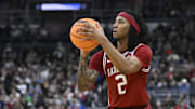 Mar 20, 2025; Providence, RI, USA;  Arkansas Razorbacks guard Boogie Fland (2) controls the ball during the second half against the Kansas Jayhawks at Amica Mutual Pavilion. Mandatory Credit: Eric Canha-Imagn Images