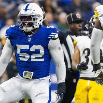 Dec 16, 2023; Indianapolis, Indiana, USA; Indianapolis Colts defensive end Samson Ebukam (52) celebrates a sack in the second half against the Pittsburgh Steelers at Lucas Oil Stadium. Mandatory Credit: Trevor Ruszkowski-USA TODAY Sports