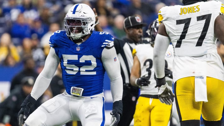 Dec 16, 2023; Indianapolis, Indiana, USA; Indianapolis Colts defensive end Samson Ebukam (52) celebrates a sack in the second half against the Pittsburgh Steelers at Lucas Oil Stadium. Mandatory Credit: Trevor Ruszkowski-USA TODAY Sports