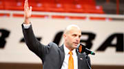 New Oklahoma State University head men's basketball coach Steve Lutz speaks during an introduction ceremony of the at Gallagher-Iba Arena in Stillwater, Okla., Thursday, April 4, 2024.