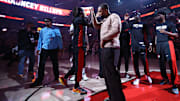 Oct 22, 2025; Portland, Oregon, USA;  Portland Trail Blazers guard Damian Lillard (0) high-fives teammate Trail Blazers’ guard Jrue Holiday (5) before playing in a game against the Minnesota Timberwolves at Moda Center. Mandatory Credit: Jaime Valdez-Imagn Images