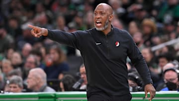 Apr 7, 2024; Boston, Massachusetts, USA; Portland Trail Blazers head coach Chauncey Billups  reacts to game action against the Boston Celtics during the first half at TD Garden. Mandatory Credit: Eric Canha-Imagn Images