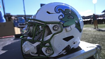Nov 16, 2024; Annapolis, Maryland, USA; S detailed view of Tulane Green Wave helmet during the second half  against the Navy Midshipmen at Navy-Marine Corps Memorial Stadium. 