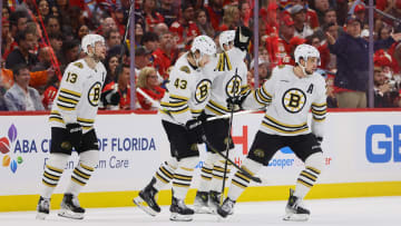 May 14, 2024; Sunrise, Florida, USA; Boston Bruins defenseman Charlie McAvoy (73) celebrates with teammates after scoring against the Florida Panthers during the second period in game five of the second round of the 2024 Stanley Cup Playoffs at Amerant Bank Arena. Mandatory Credit: Sam Navarro-USA TODAY Sports