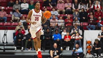 Dec 22, 2024; Tuscaloosa, Alabama, USA; Alabama Crimson Tide forward Derrion Reid (35) drives the ball down the court against the Kent State Golden Flashes during the second half at Coleman Coliseum. Mandatory Credit: Will McLelland-Imagn Images