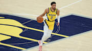 Jun 19, 2025; Indianapolis, Indiana, USA; Indiana Pacers guard Tyrese Haliburton (0) dribbles the ball against the Oklahoma City Thunder in the second quarter during game six of the 2025 NBA Finals at Gainbridge Fieldhouse. Mandatory Credit: Trevor Ruszkowski-Imagn Images