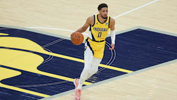 Jun 19, 2025; Indianapolis, Indiana, USA; Indiana Pacers guard Tyrese Haliburton (0) dribbles the ball against the Oklahoma City Thunder in the second quarter during game six of the 2025 NBA Finals at Gainbridge Fieldhouse. Mandatory Credit: Trevor Ruszkowski-Imagn Images