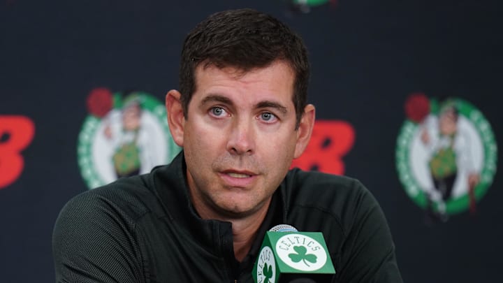 Sep 29, 2025; Boston, MA, USA; Boston Celtics president of basketball operations Brad Stevens talks to reporters during media day at the Auerbach Center. Mandatory Credit: David Butler II-Imagn Images