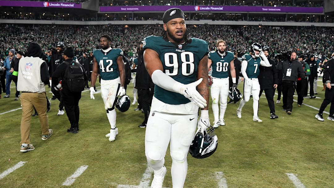 Jan 26, 2025; Philadelphia, PA, USA; Philadelphia Eagles defensive tackle Jalen Carter (98) on the field after defeating the Washington Commanders in the NFC Championship game at Lincoln Financial Field. Mandatory Credit: Eric Hartline-Imagn Images