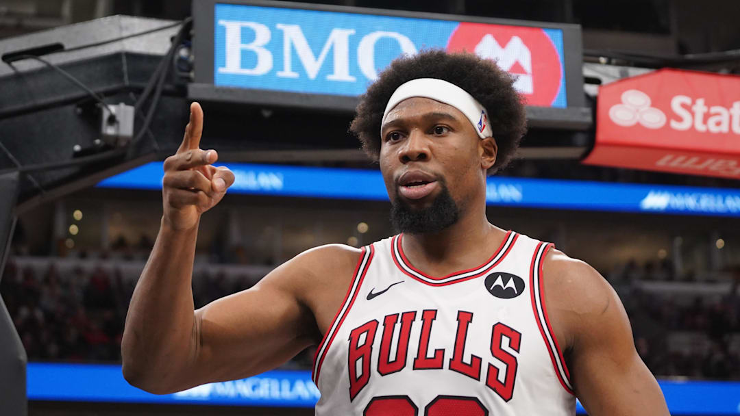 Chicago Bulls forward Guerschon Yabusele (28) gestures after scoring against the Detroit Pistons during the first half at United Center on Feb 21, 2026.