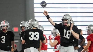 Mar 7, 2024; Columbus, OH, USA; Ohio State Buckeyes quarterback Will Howard (18) throws during spring football practice at the Woody Hayes Athletic Center.