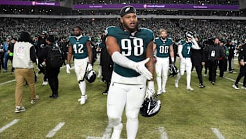 Jan 26, 2025; Philadelphia, PA, USA; Philadelphia Eagles defensive tackle Jalen Carter (98) on the field after defeating the Washington Commanders in the NFC Championship game at Lincoln Financial Field. Mandatory Credit: Eric Hartline-Imagn Images